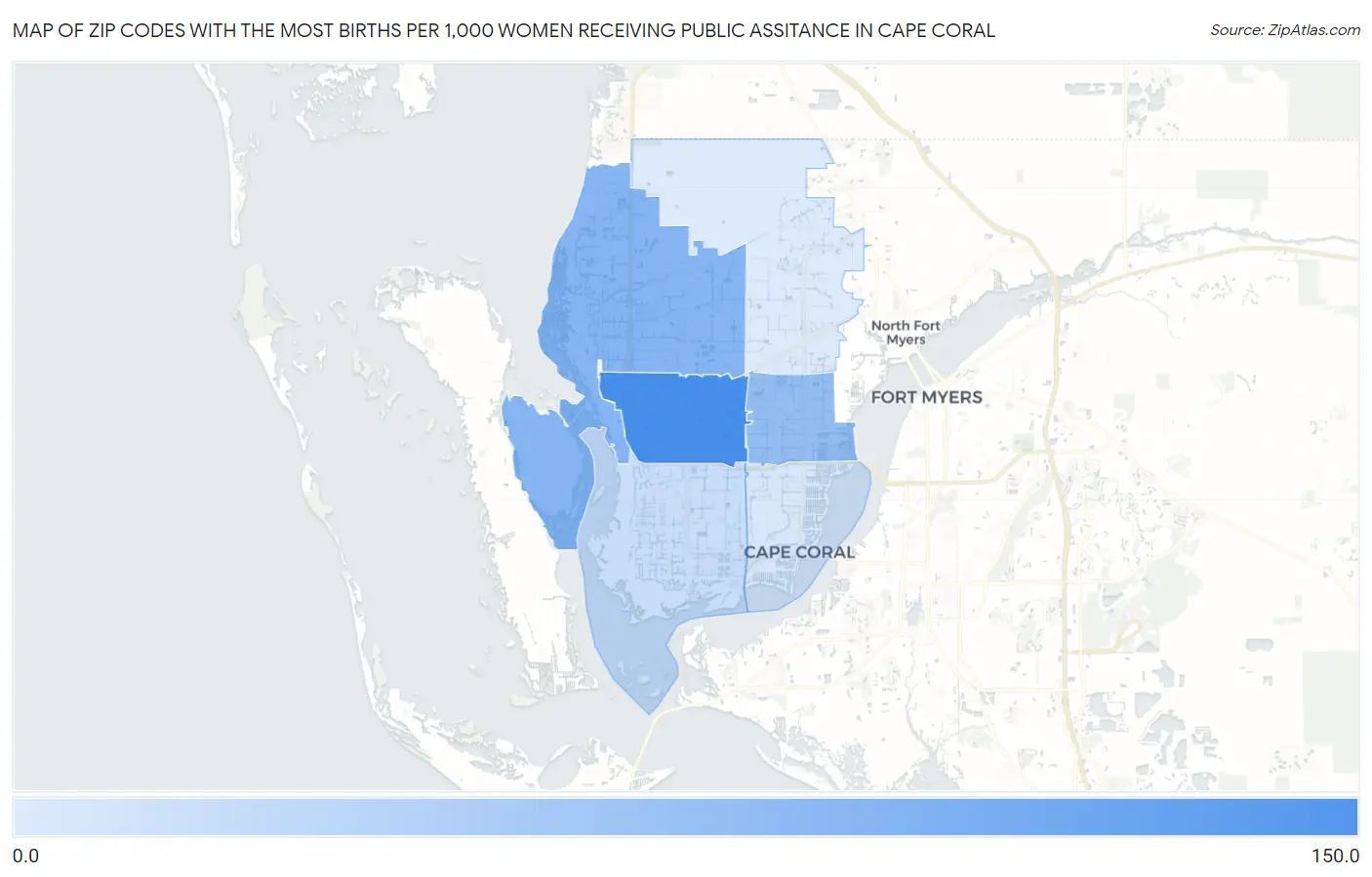 Zip Codes with the Most Births per 1,000 Women Receiving Public Assitance in Cape Coral Map