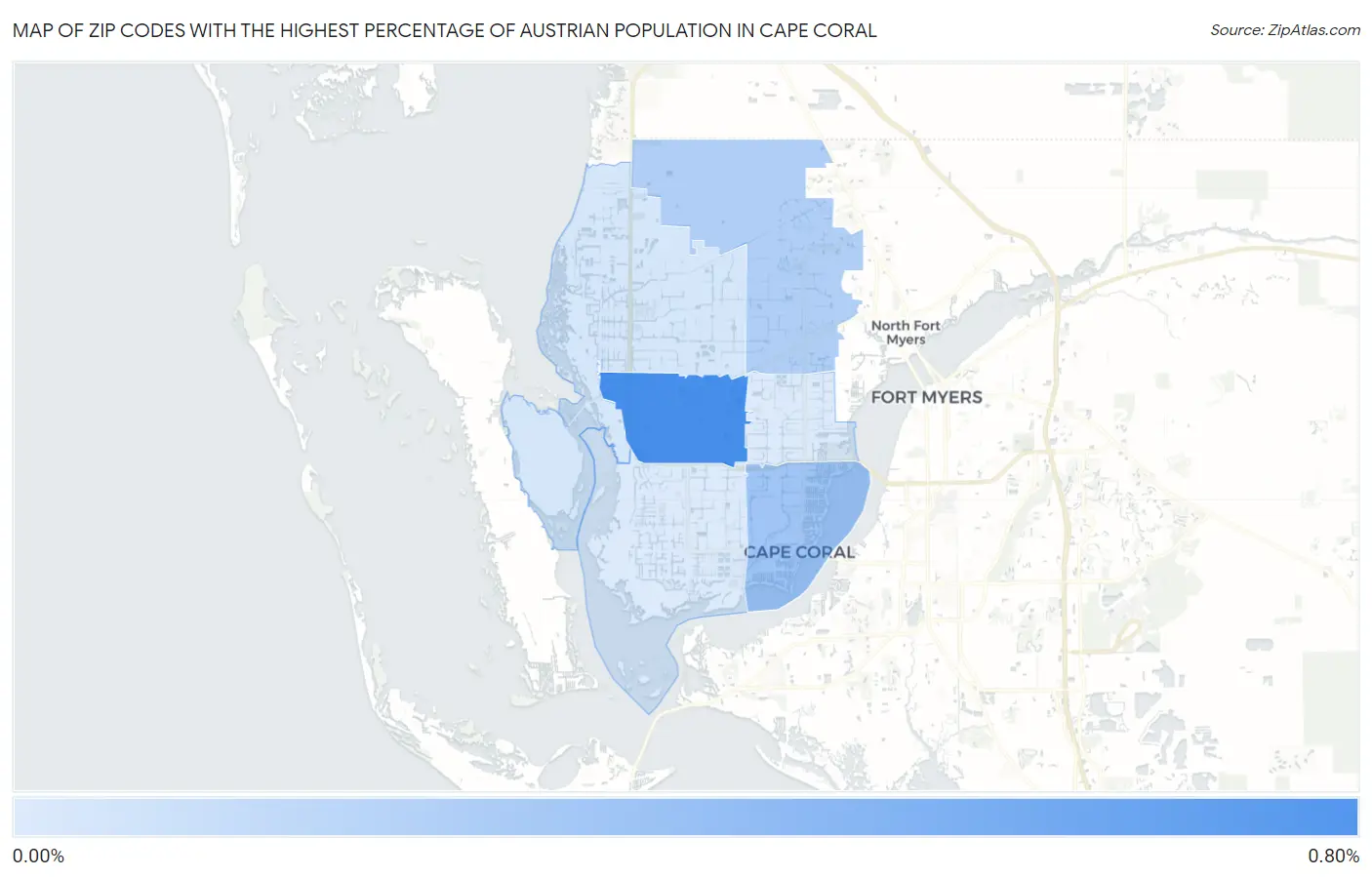 Zip Codes with the Highest Percentage of Austrian Population in Cape Coral Map