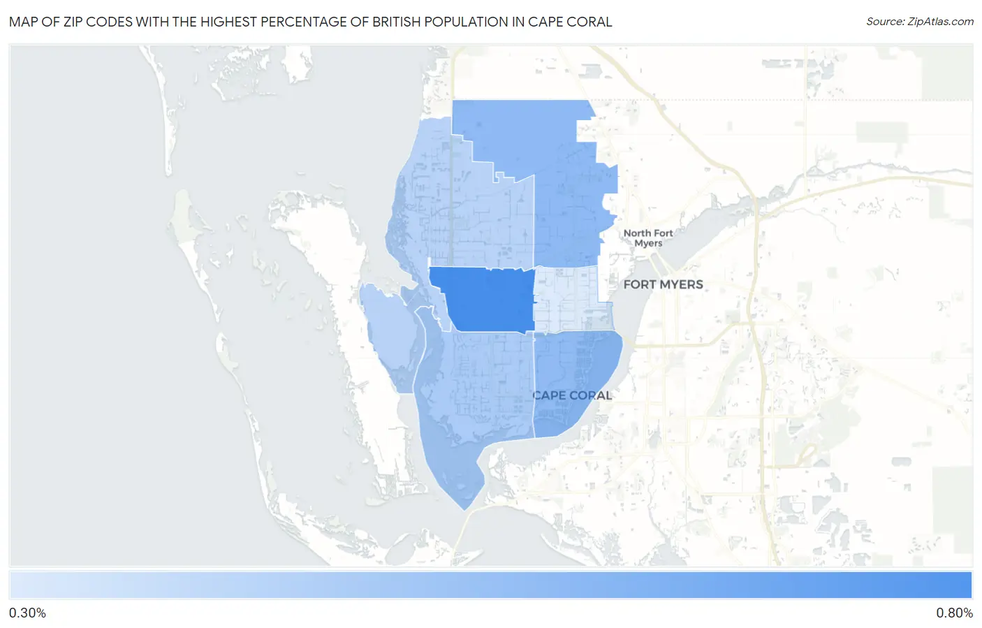 Zip Codes with the Highest Percentage of British Population in Cape Coral Map