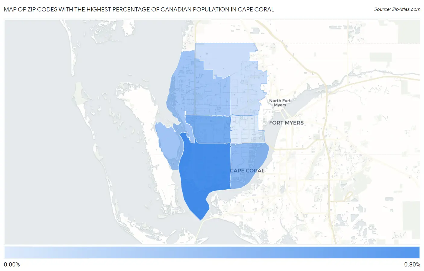 Zip Codes with the Highest Percentage of Canadian Population in Cape Coral Map