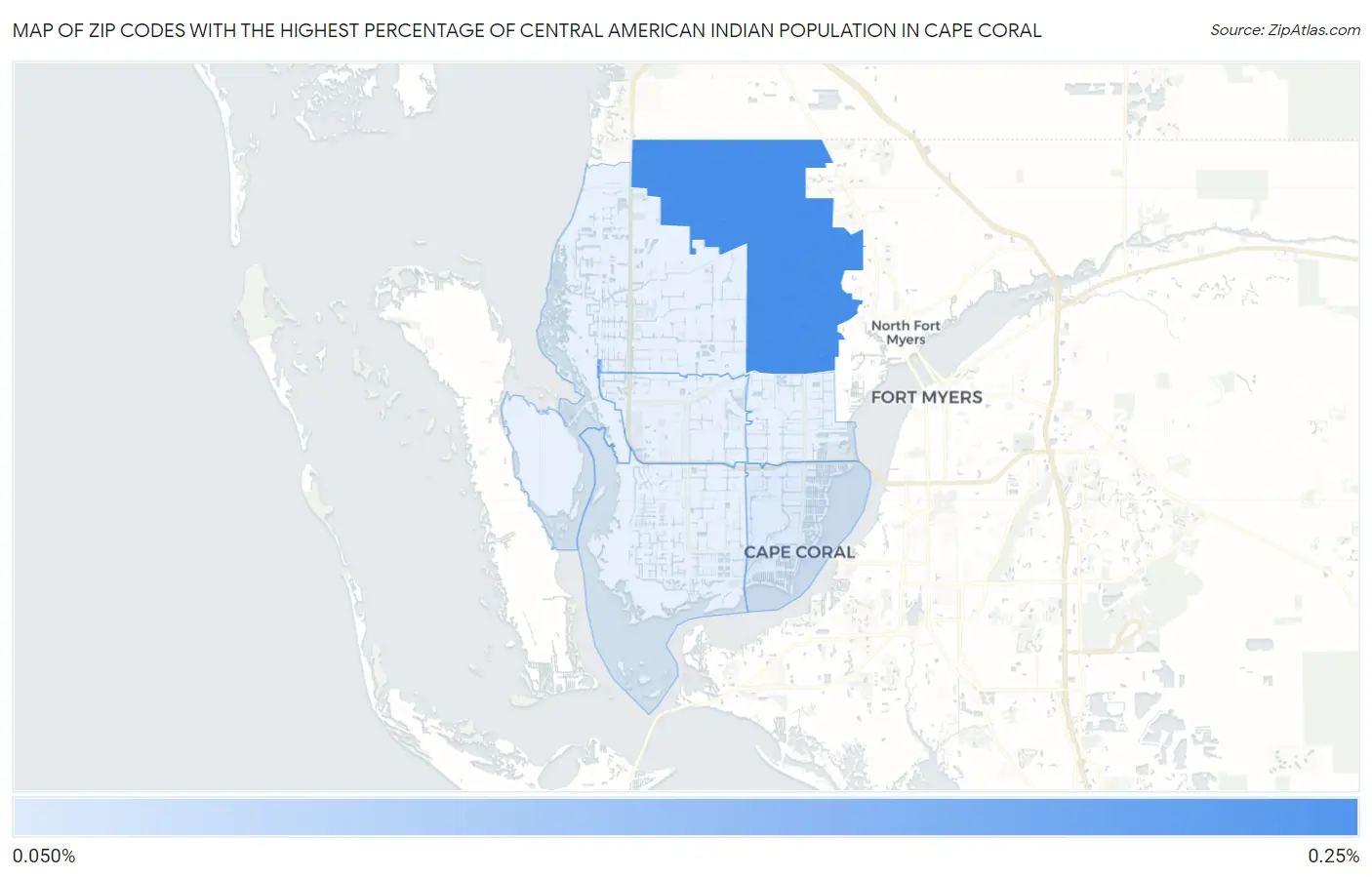 Zip Codes with the Highest Percentage of Central American Indian Population in Cape Coral Map