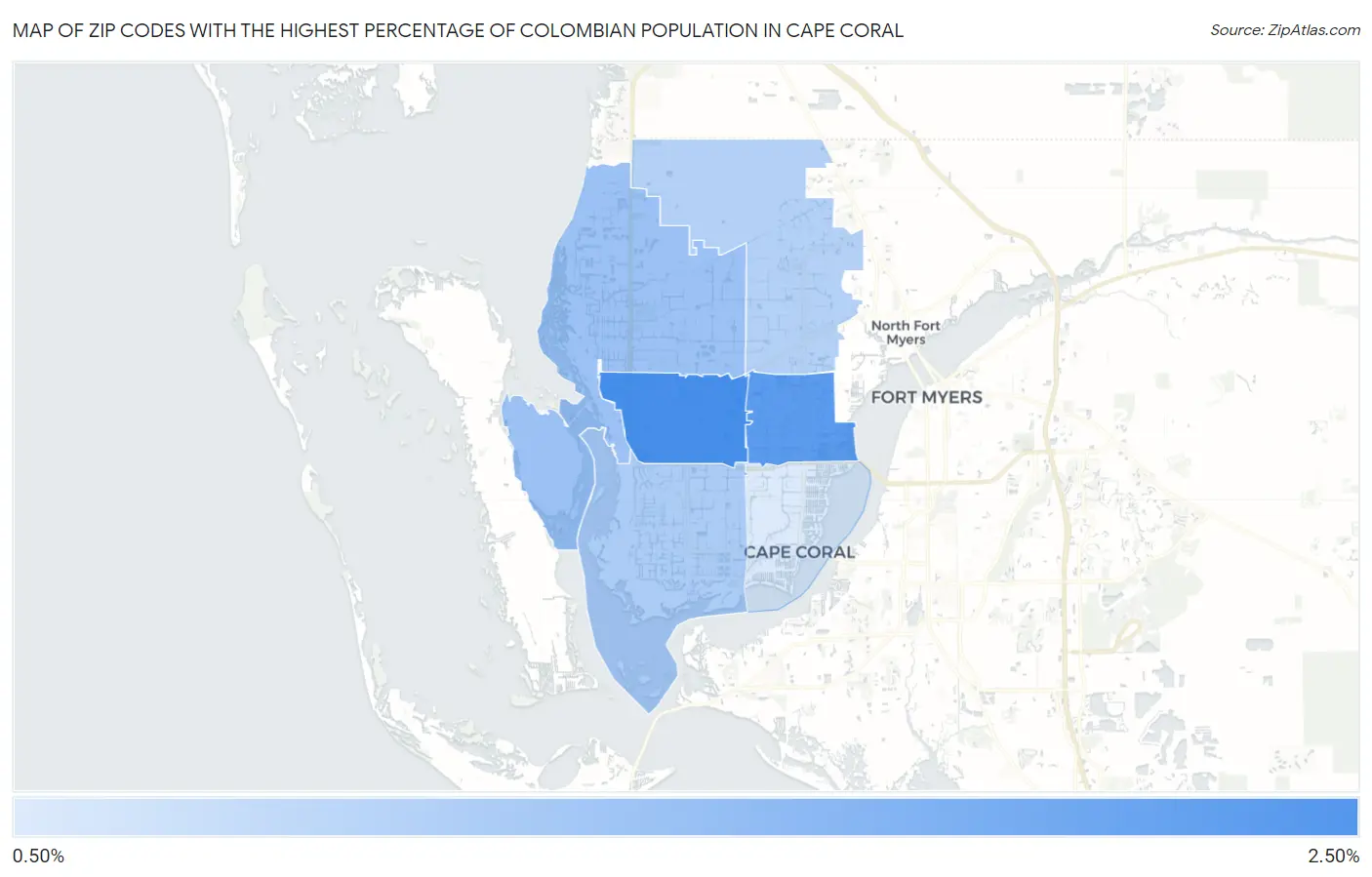 Zip Codes with the Highest Percentage of Colombian Population in Cape Coral Map