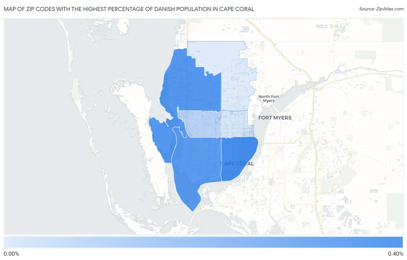 Zip Codes with the Highest Percentage of Danish Population in Cape Coral Map