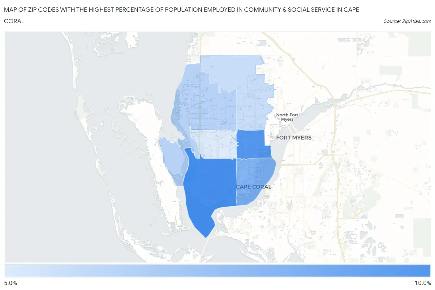 Zip Codes with the Highest Percentage of Population Employed in Community & Social Service  in Cape Coral Map