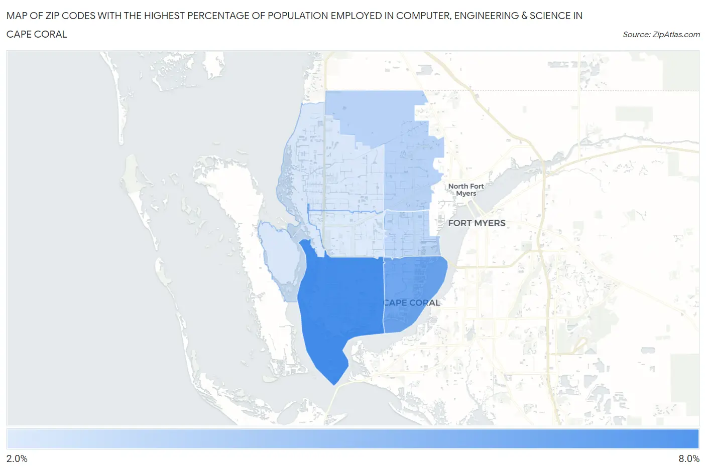 Zip Codes with the Highest Percentage of Population Employed in Computer, Engineering & Science in Cape Coral Map