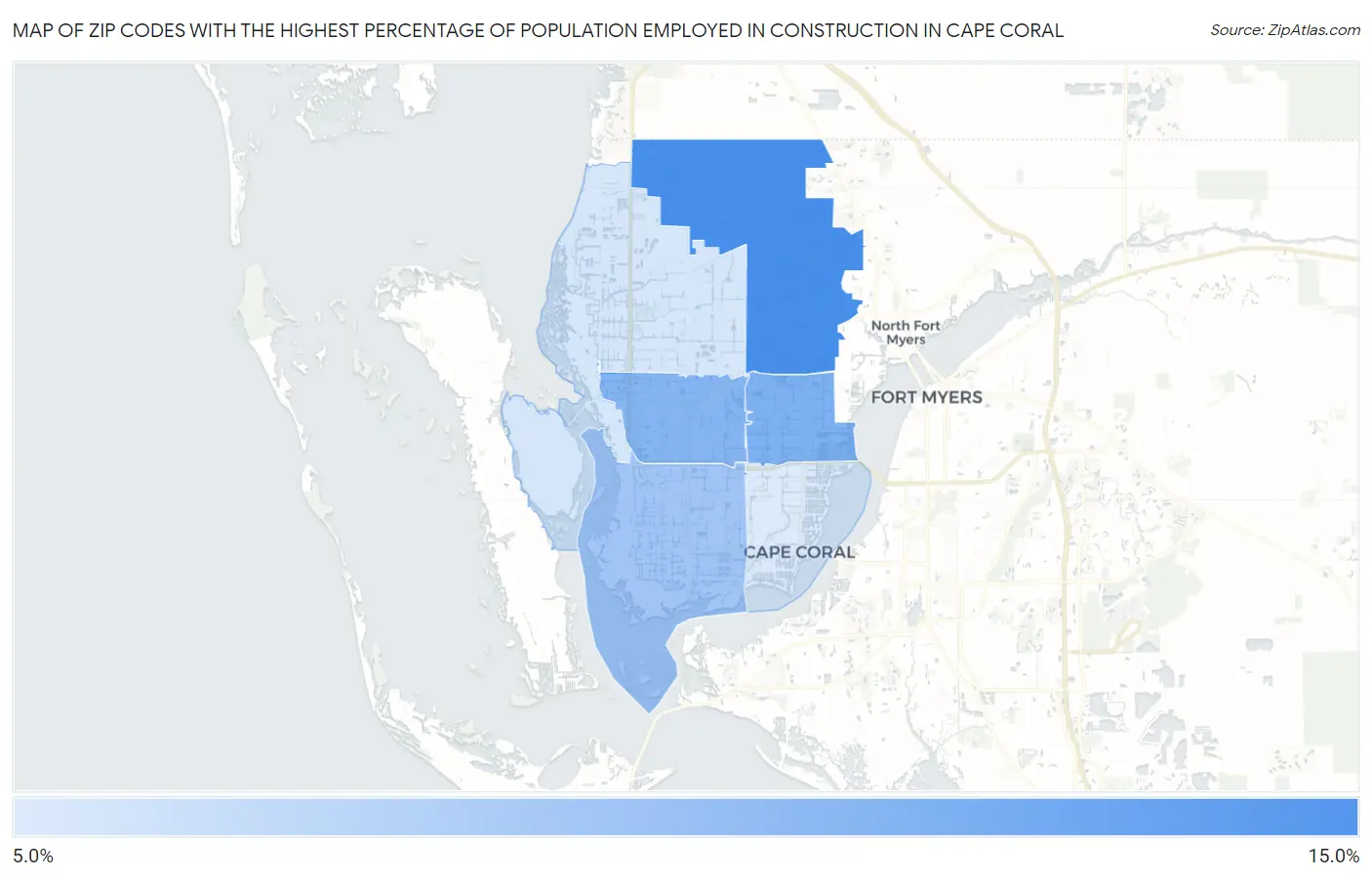 Zip Codes with the Highest Percentage of Population Employed in Construction in Cape Coral Map