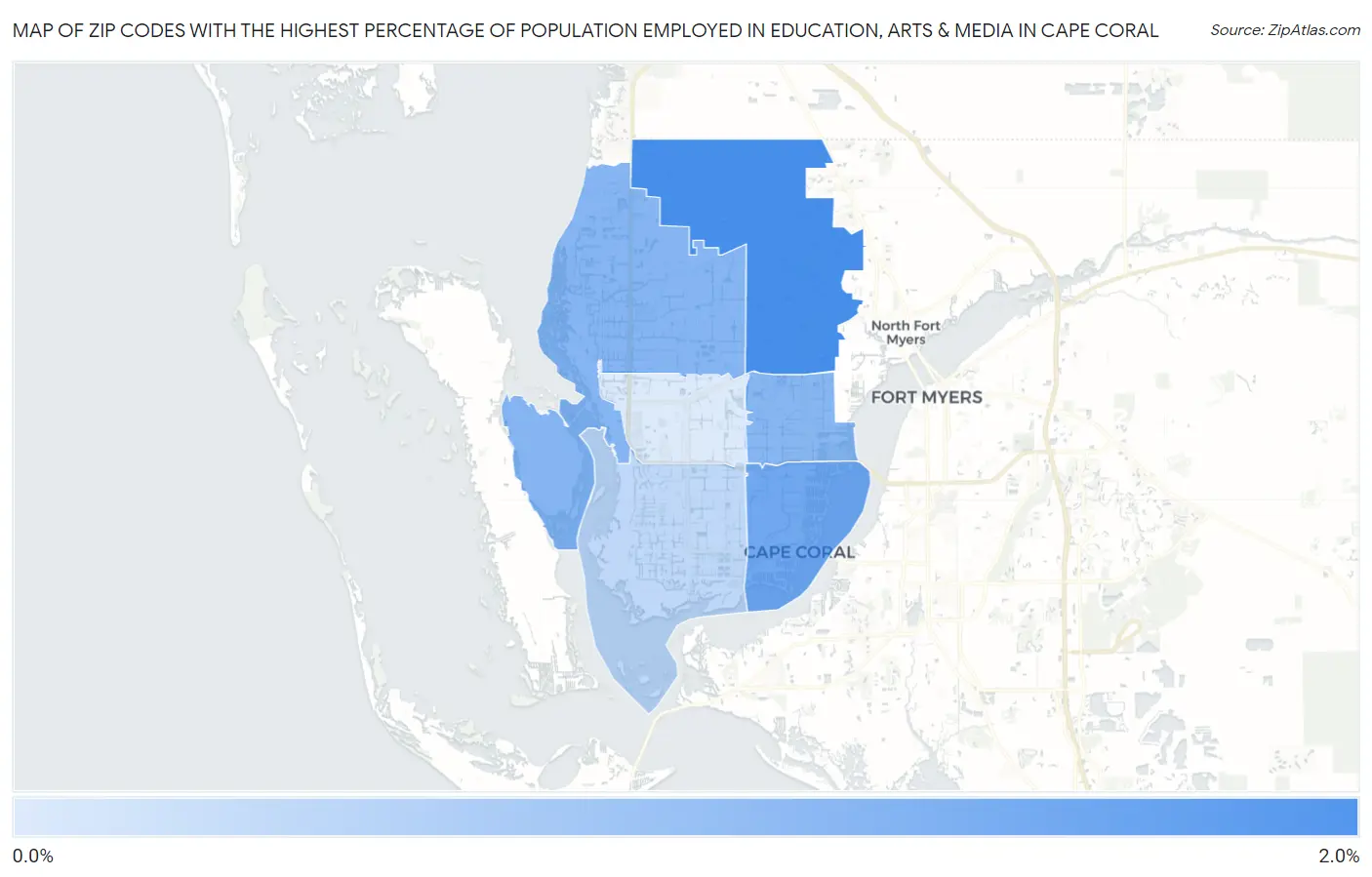 Zip Codes with the Highest Percentage of Population Employed in Education, Arts & Media in Cape Coral Map