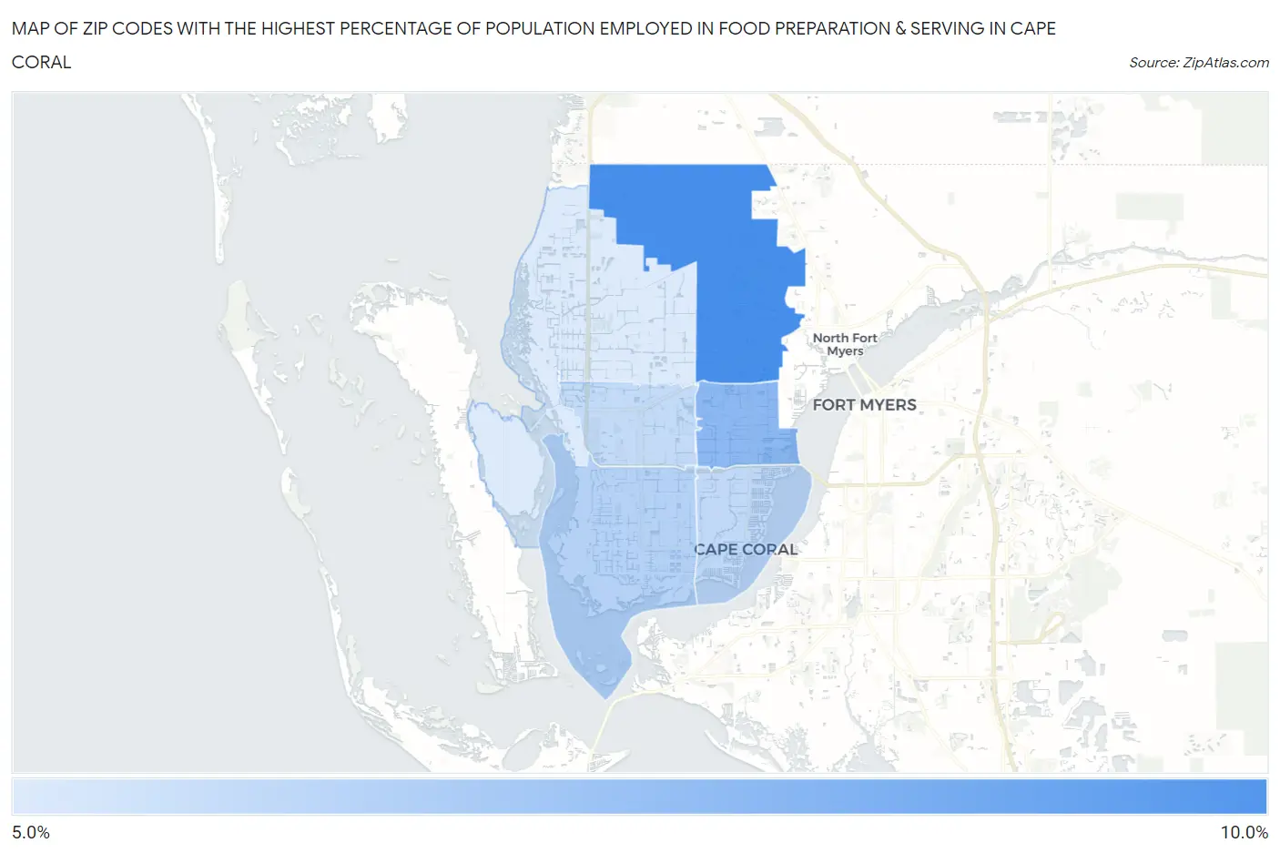 Zip Codes with the Highest Percentage of Population Employed in Food Preparation & Serving in Cape Coral Map
