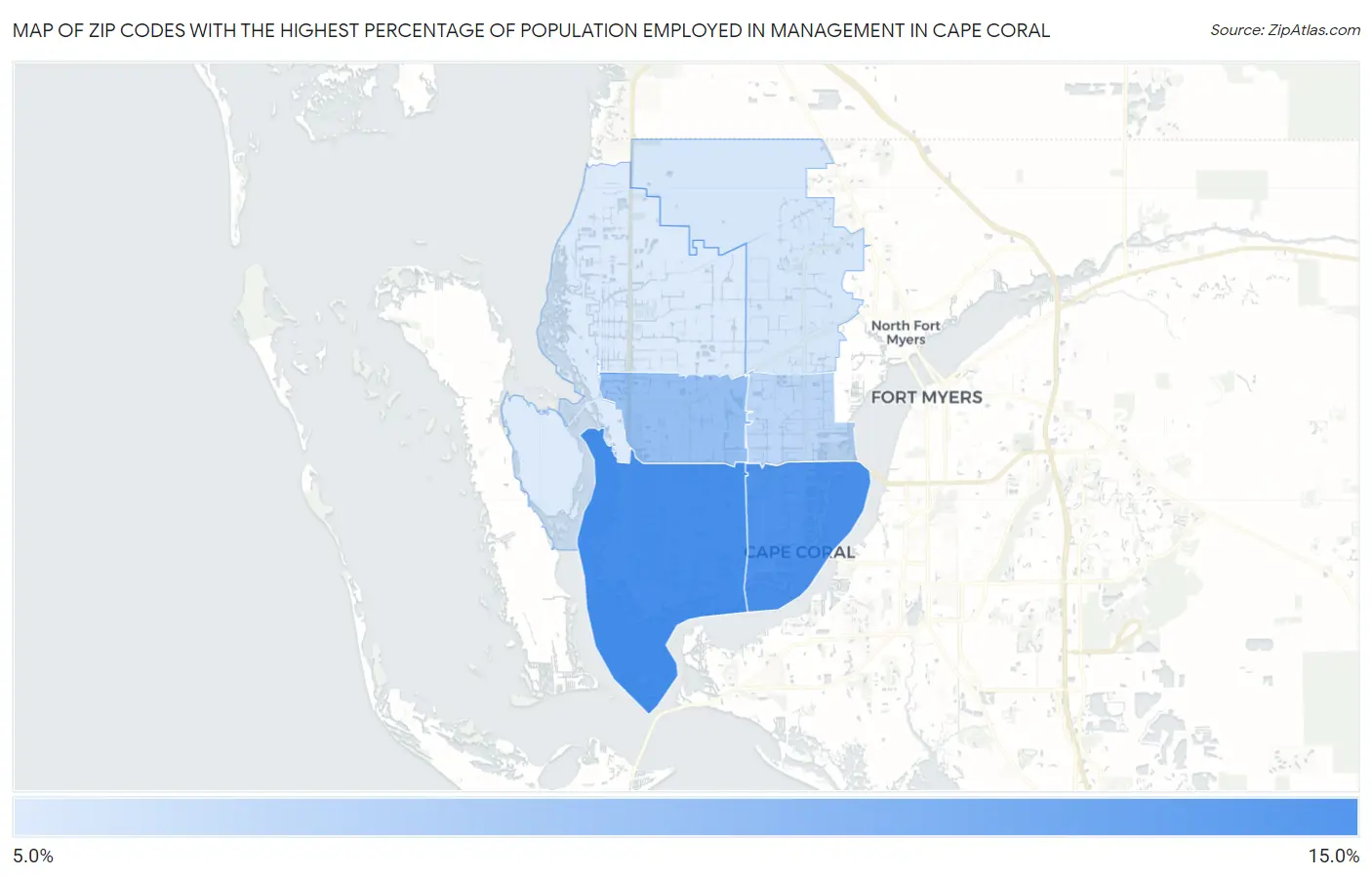 Zip Codes with the Highest Percentage of Population Employed in Management in Cape Coral Map