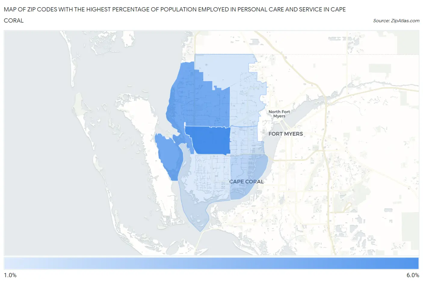 Zip Codes with the Highest Percentage of Population Employed in Personal Care and Service in Cape Coral Map