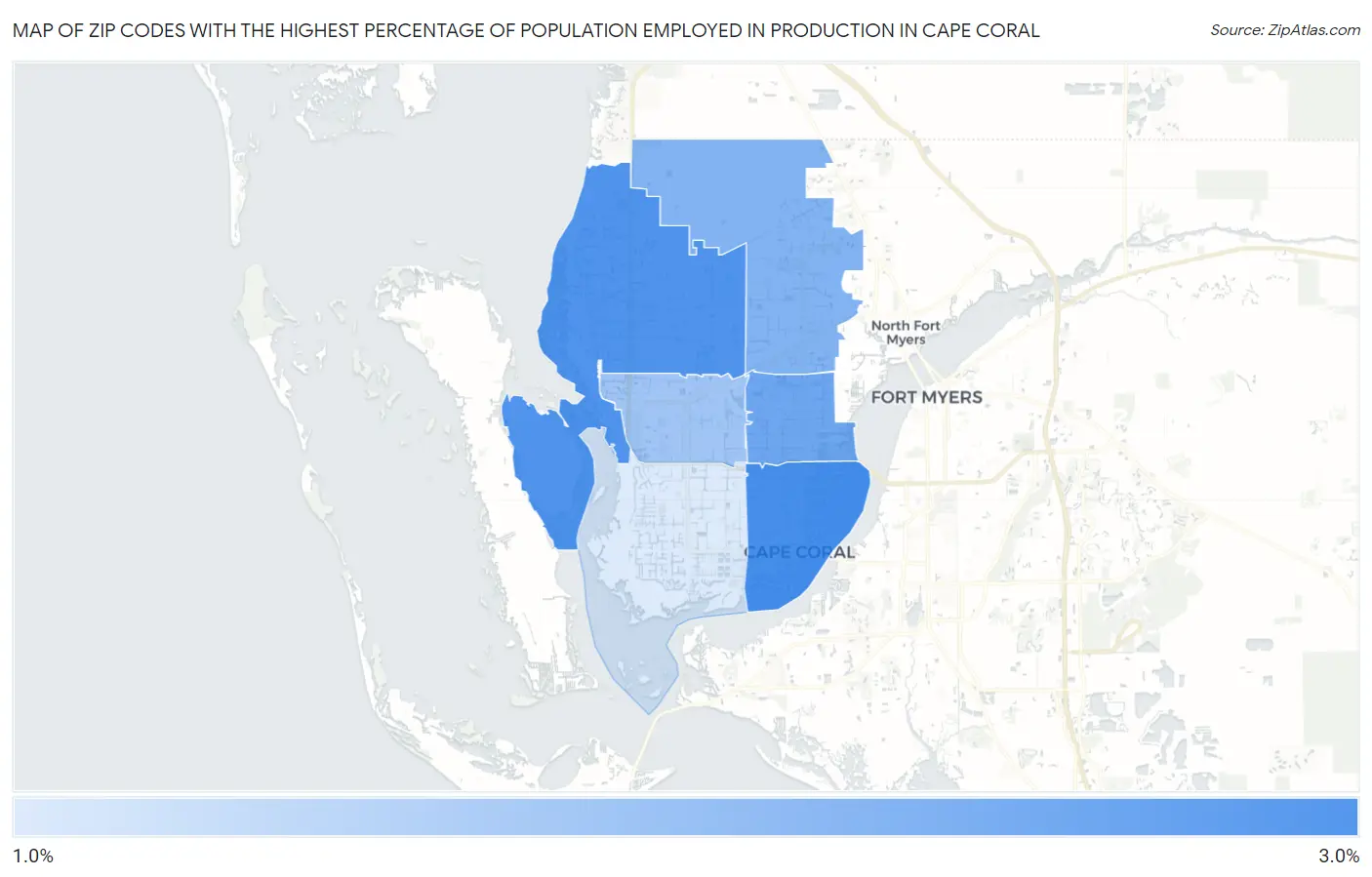 Zip Codes with the Highest Percentage of Population Employed in Production in Cape Coral Map