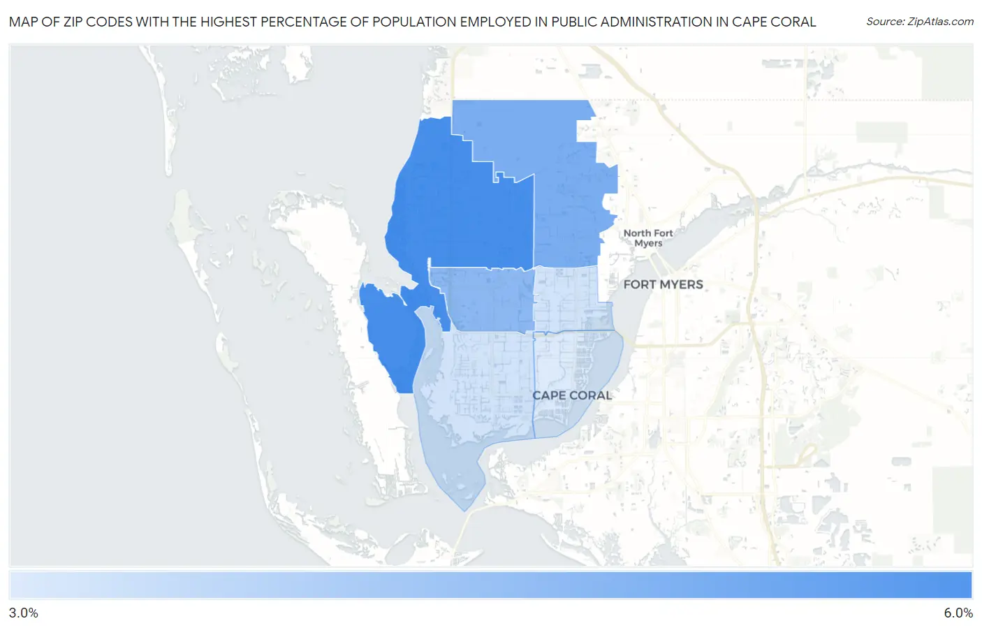 Zip Codes with the Highest Percentage of Population Employed in Public Administration in Cape Coral Map
