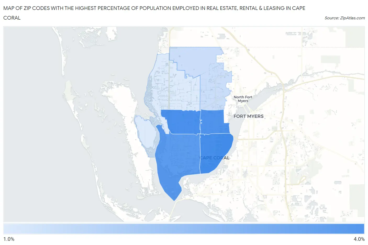 Zip Codes with the Highest Percentage of Population Employed in Real Estate, Rental & Leasing in Cape Coral Map