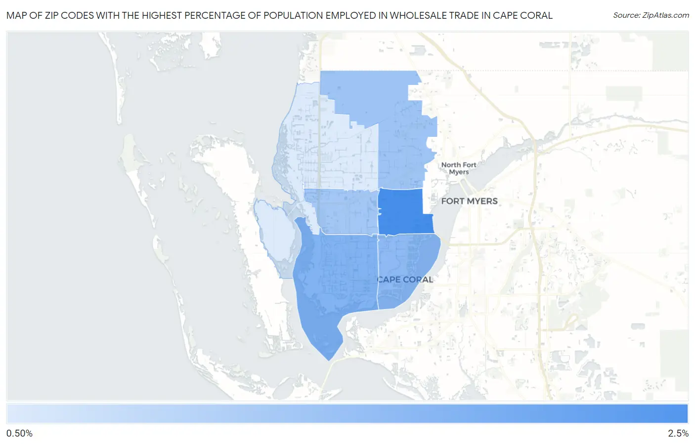 Zip Codes with the Highest Percentage of Population Employed in Wholesale Trade in Cape Coral Map