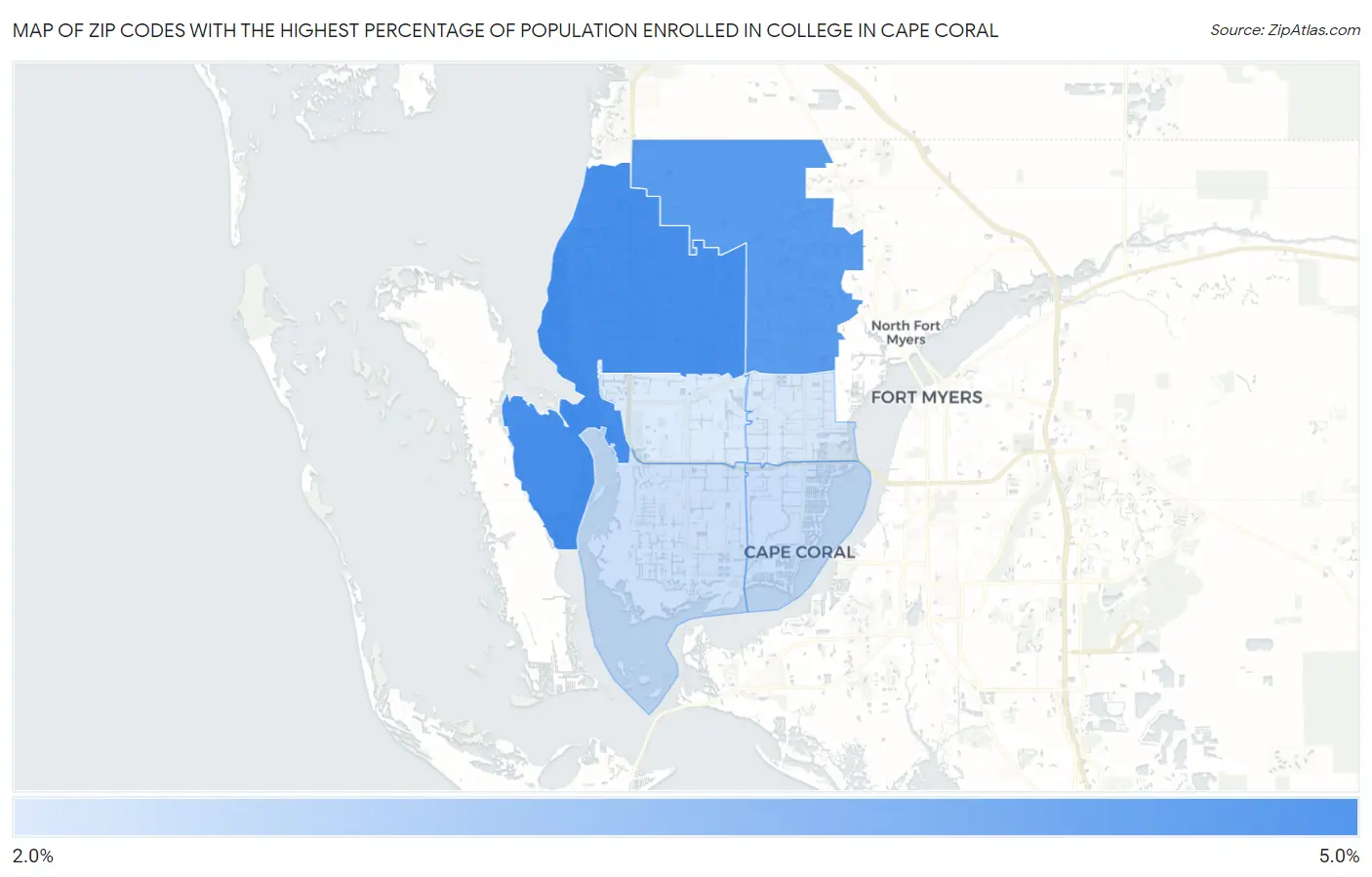 Zip Codes with the Highest Percentage of Population Enrolled in College in Cape Coral Map