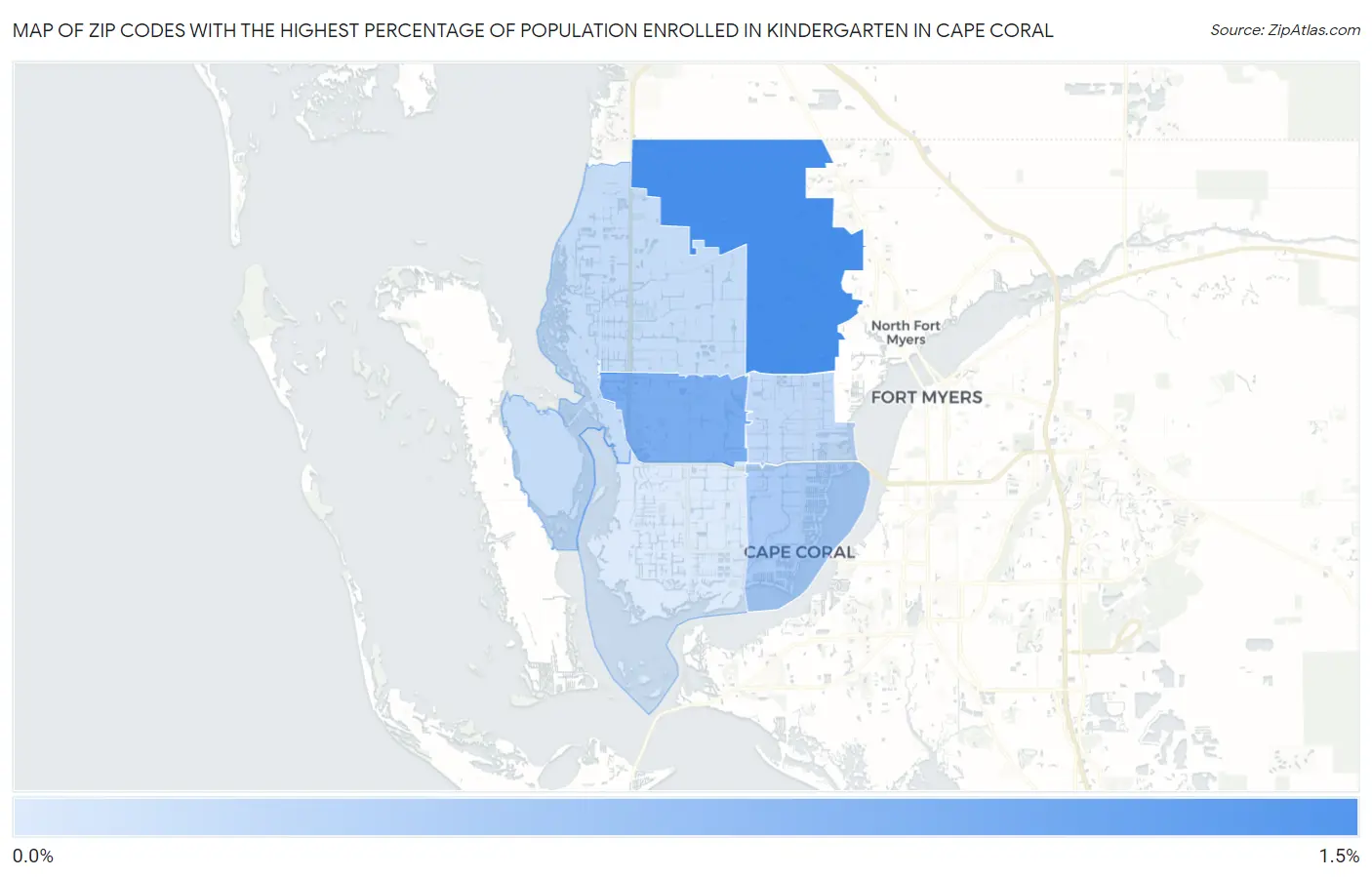 Zip Codes with the Highest Percentage of Population Enrolled in Kindergarten in Cape Coral Map