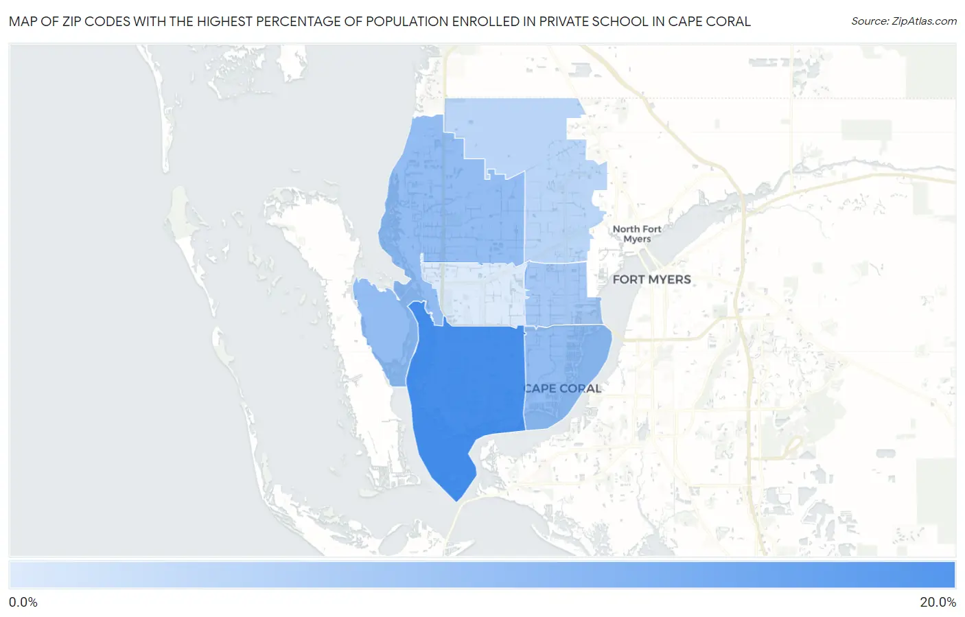 Zip Codes with the Highest Percentage of Population Enrolled in Private School in Cape Coral Map