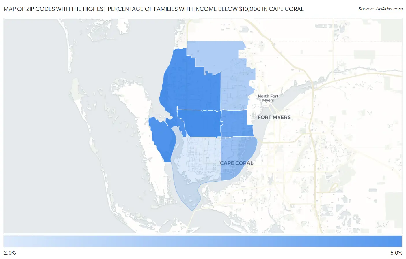 Zip Codes with the Highest Percentage of Families with Income Below $10,000 in Cape Coral Map