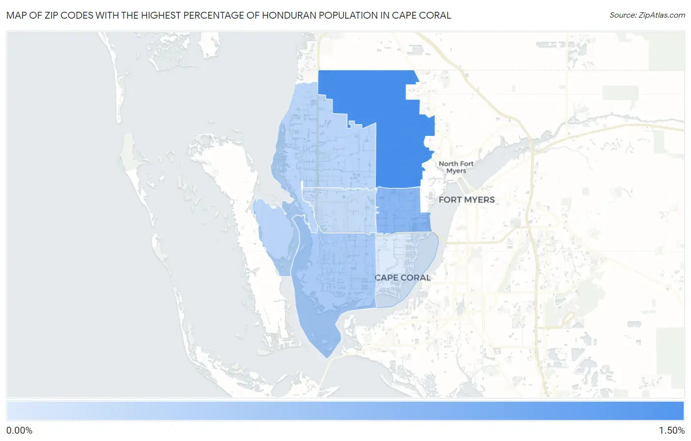 Zip Codes with the Highest Percentage of Honduran Population in Cape Coral Map