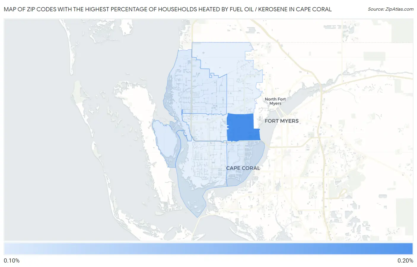 Zip Codes with the Highest Percentage of Households Heated by Fuel Oil / Kerosene in Cape Coral Map