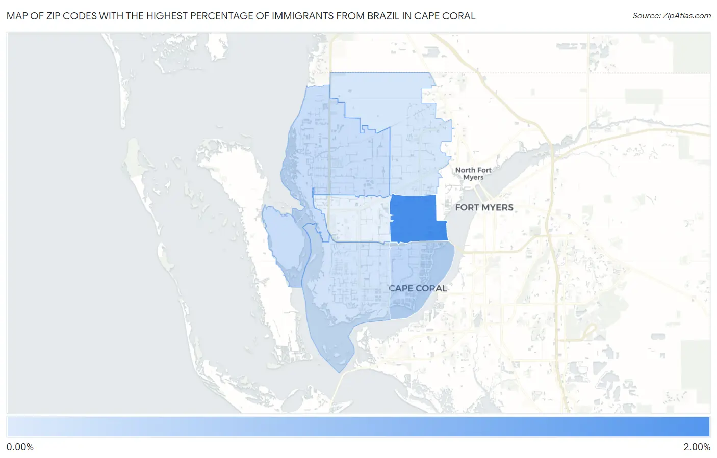 Zip Codes with the Highest Percentage of Immigrants from Brazil in Cape Coral Map