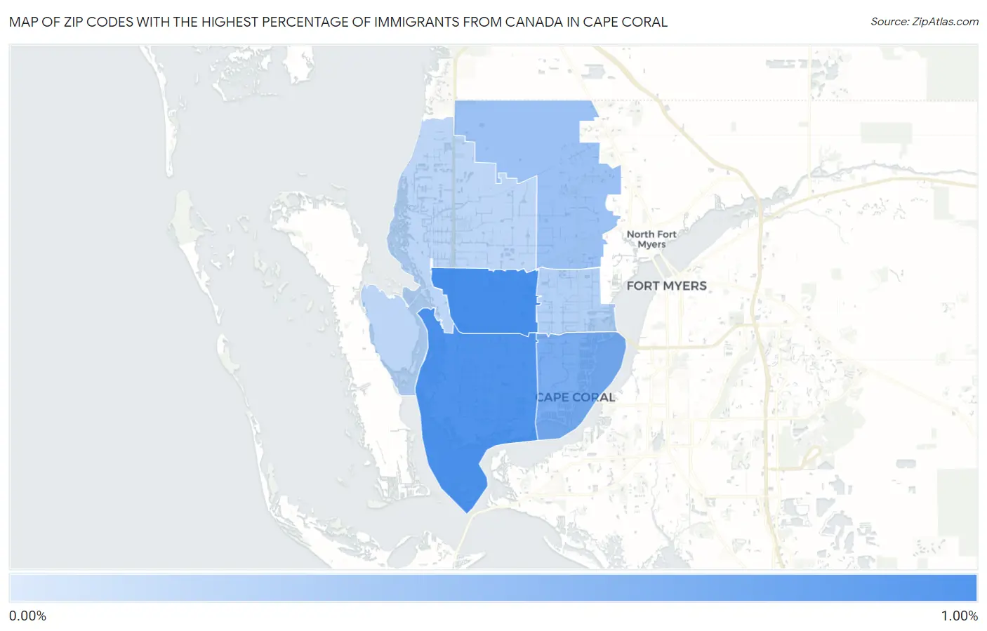 Zip Codes with the Highest Percentage of Immigrants from Canada in Cape Coral Map
