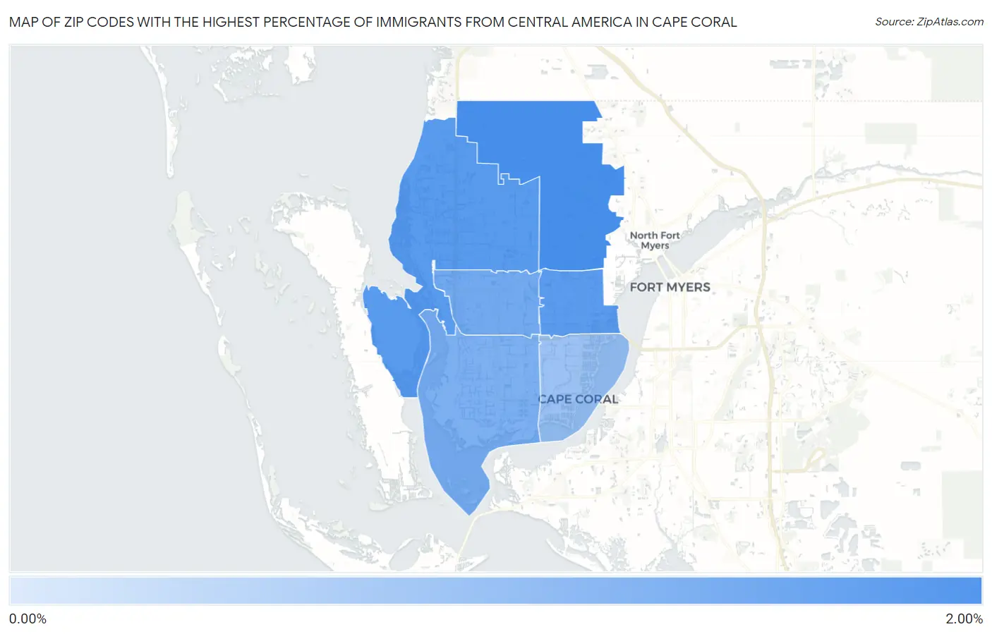 Zip Codes with the Highest Percentage of Immigrants from Central America in Cape Coral Map