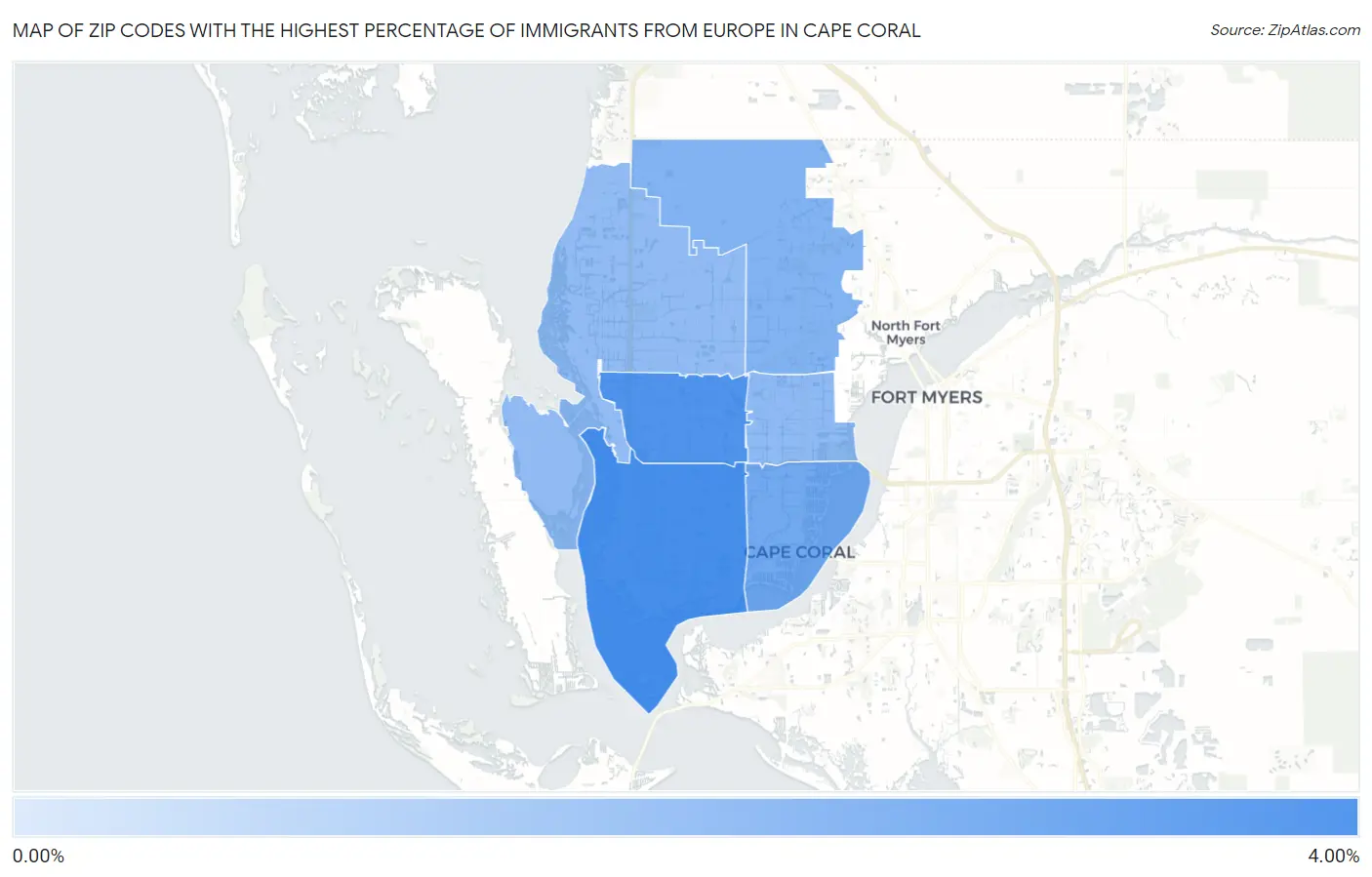 Zip Codes with the Highest Percentage of Immigrants from Europe in Cape Coral Map
