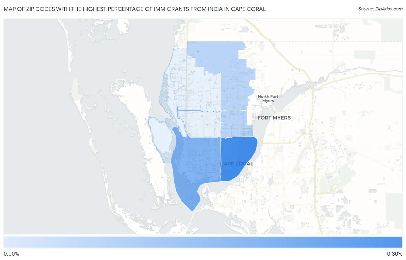 Zip Codes with the Highest Percentage of Immigrants from India in Cape Coral Map