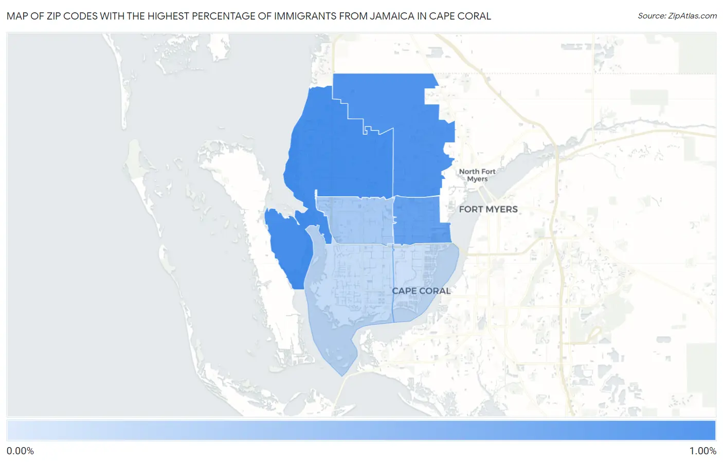 Zip Codes with the Highest Percentage of Immigrants from Jamaica in Cape Coral Map