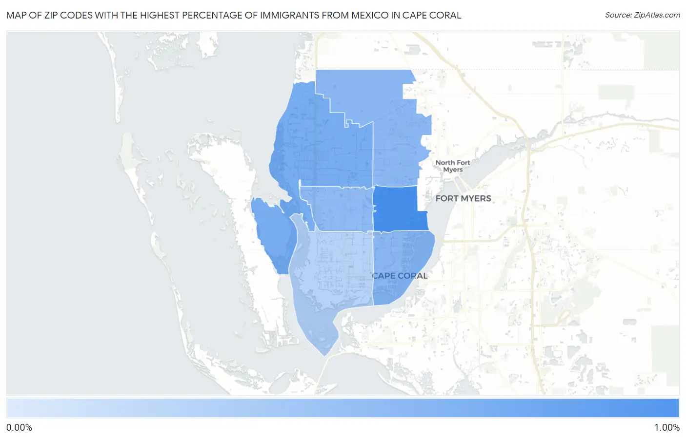 Zip Codes with the Highest Percentage of Immigrants from Mexico in Cape Coral Map