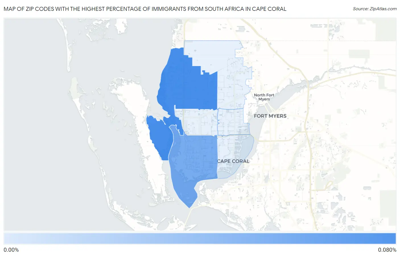 Zip Codes with the Highest Percentage of Immigrants from South Africa in Cape Coral Map