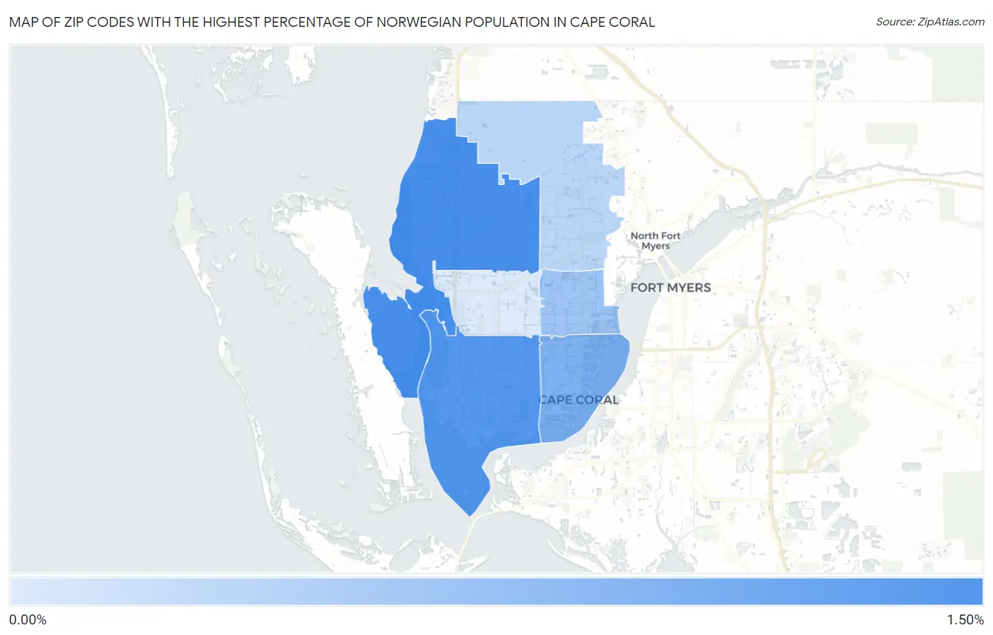 Zip Codes with the Highest Percentage of Norwegian Population in Cape Coral Map