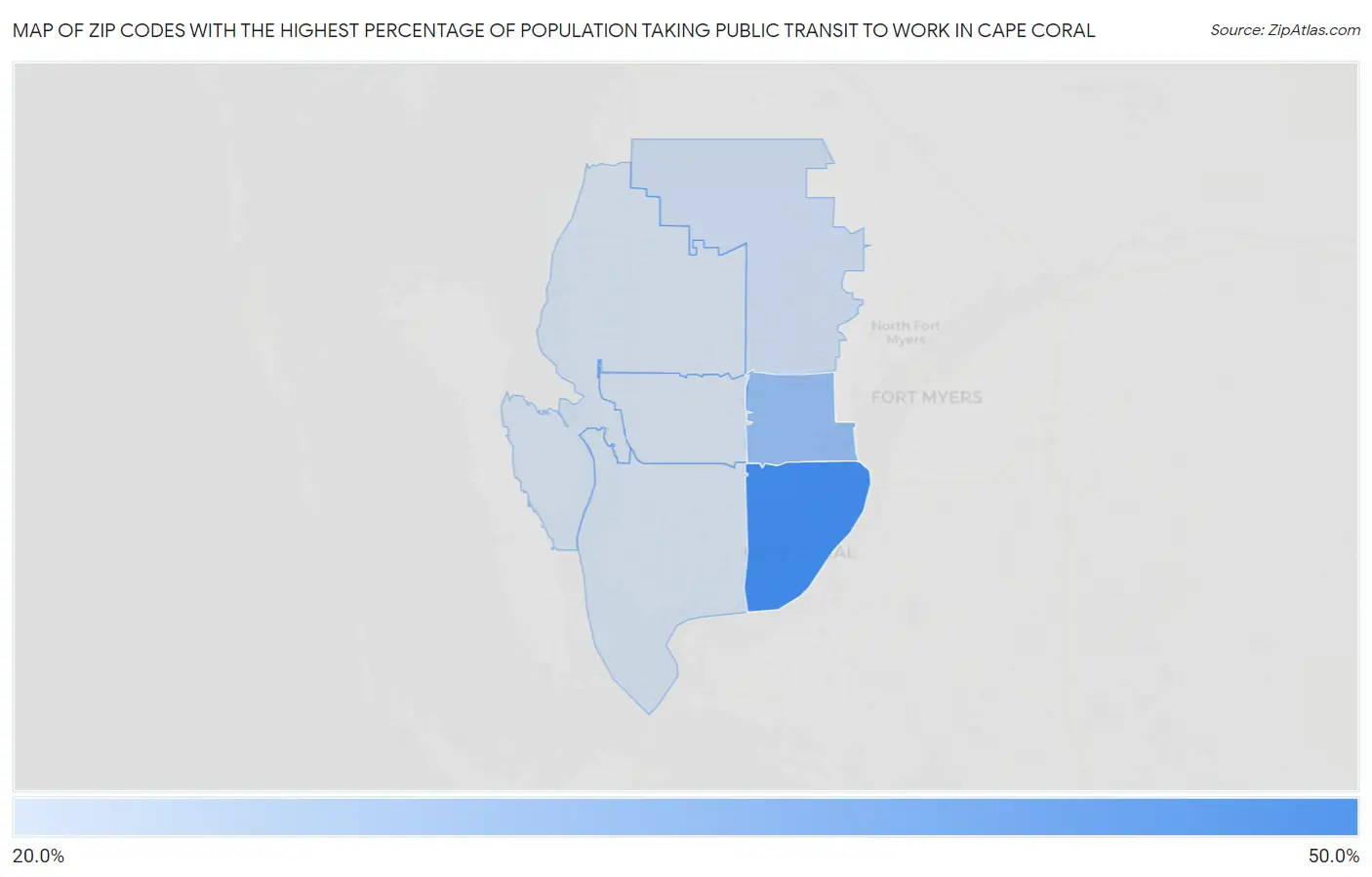 Zip Codes with the Highest Percentage of Population Taking Public Transit to Work in Cape Coral Map