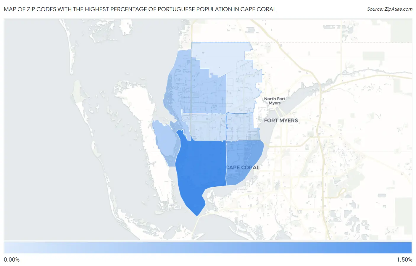 Zip Codes with the Highest Percentage of Portuguese Population in Cape Coral Map