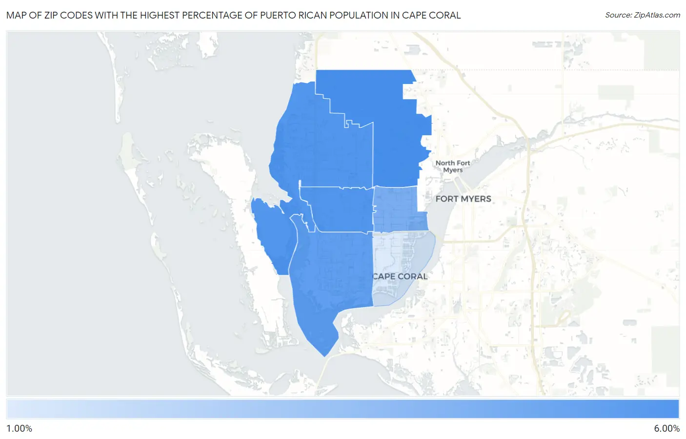 Zip Codes with the Highest Percentage of Puerto Rican Population in Cape Coral Map