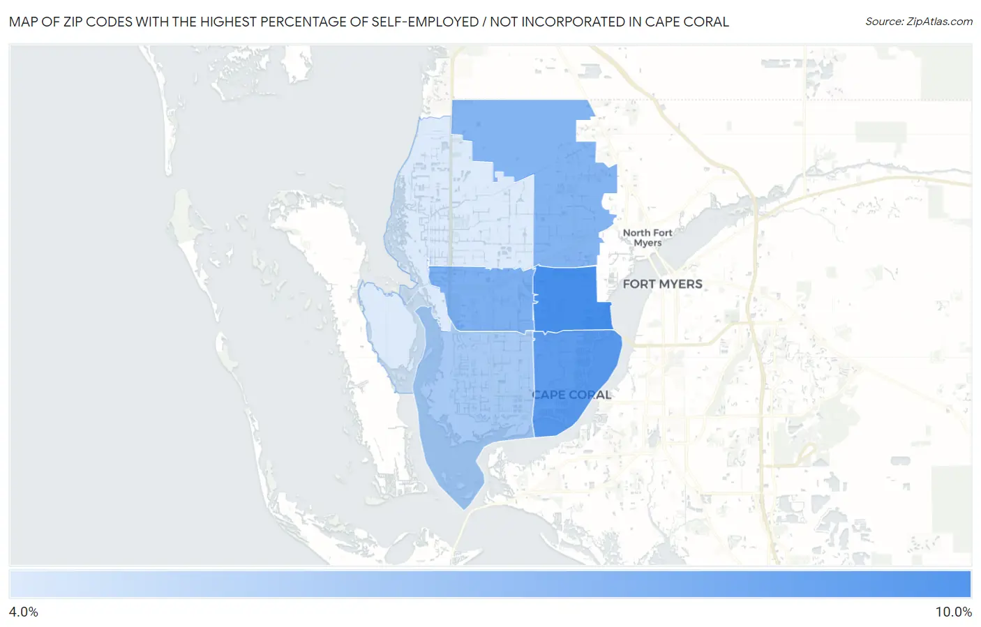Zip Codes with the Highest Percentage of Self-Employed / Not Incorporated in Cape Coral Map