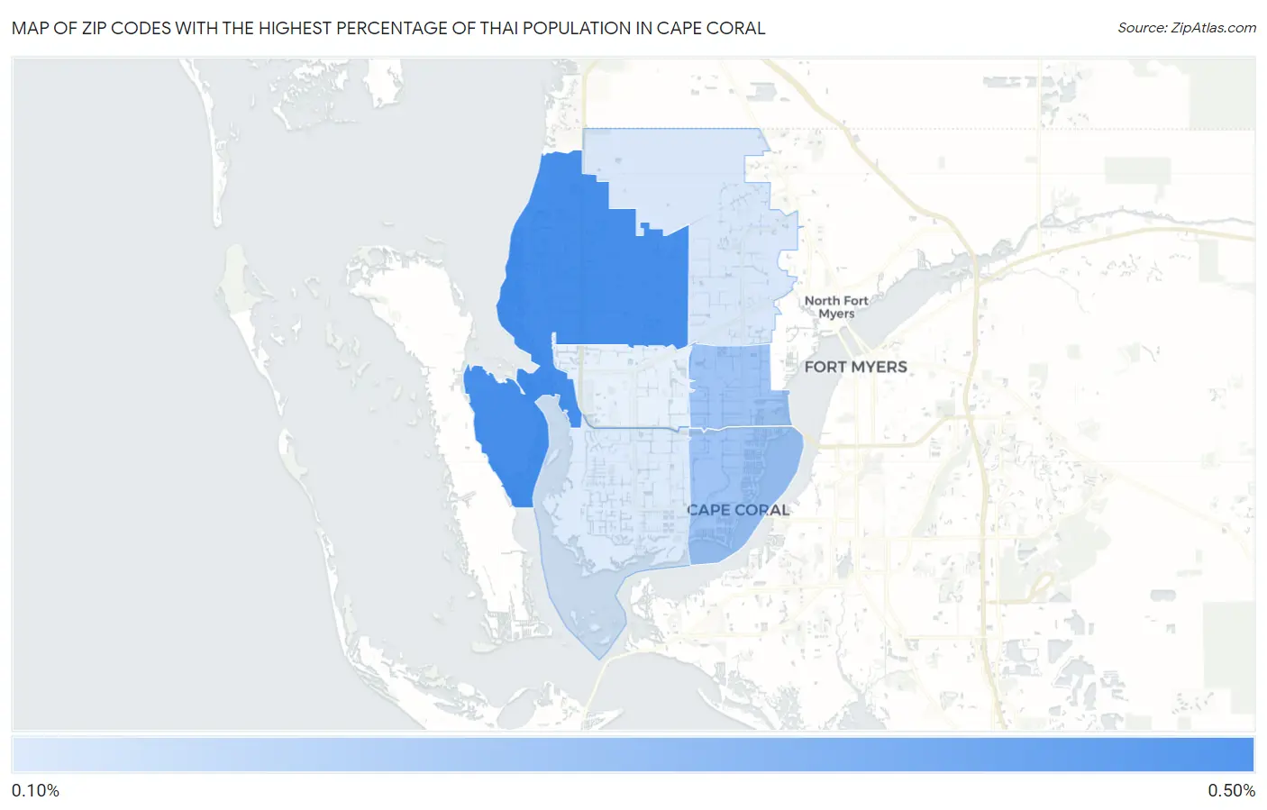 Zip Codes with the Highest Percentage of Thai Population in Cape Coral Map