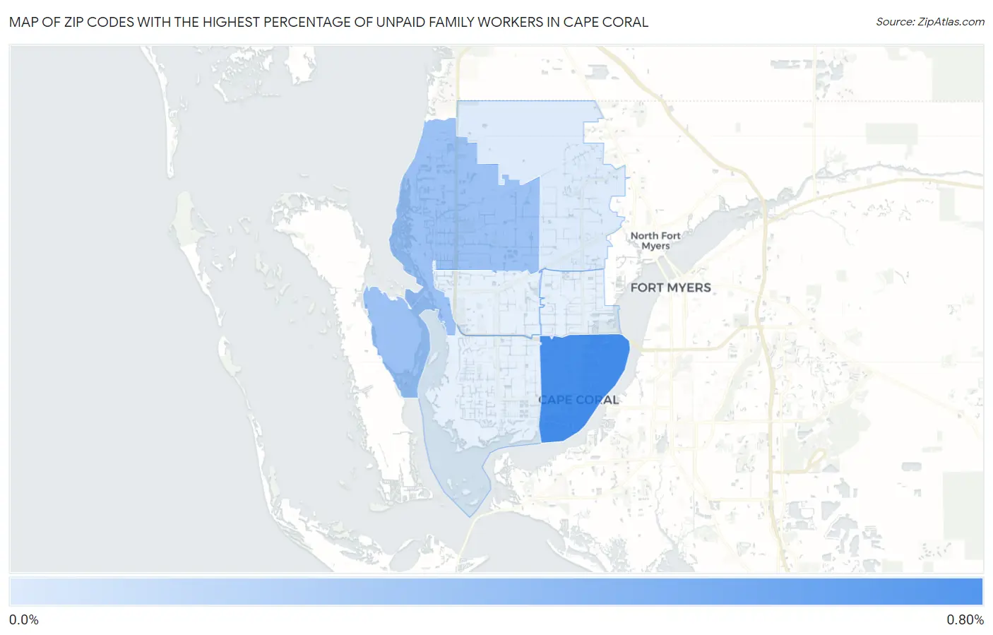 Zip Codes with the Highest Percentage of Unpaid Family Workers in Cape Coral Map