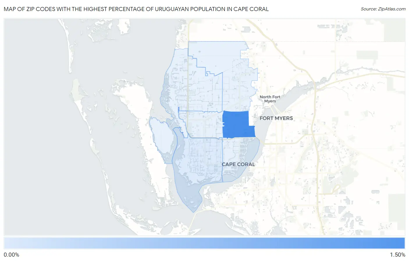 Zip Codes with the Highest Percentage of Uruguayan Population in Cape Coral Map