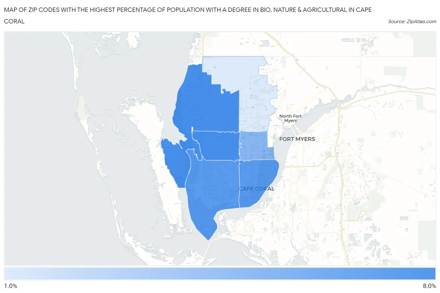 Zip Codes with the Highest Percentage of Population with a Degree in Bio, Nature & Agricultural in Cape Coral Map