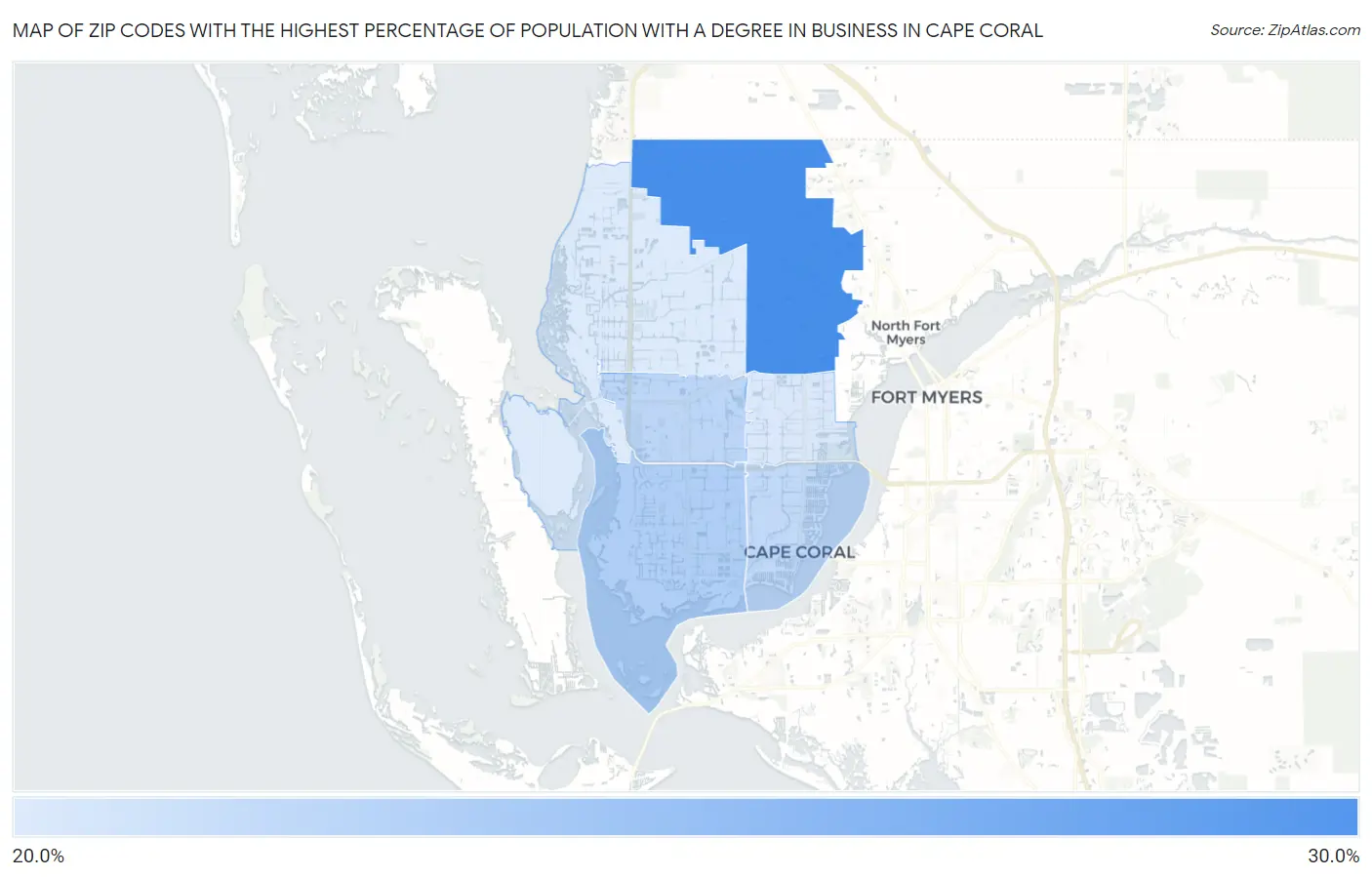 Zip Codes with the Highest Percentage of Population with a Degree in Business in Cape Coral Map
