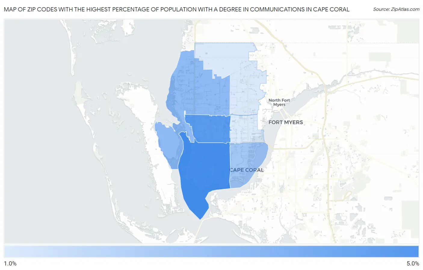 Zip Codes with the Highest Percentage of Population with a Degree in Communications in Cape Coral Map