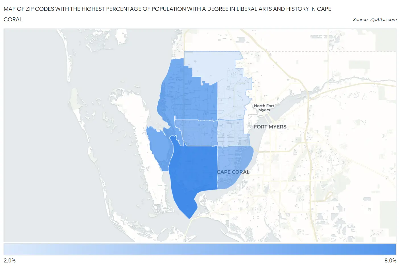 Zip Codes with the Highest Percentage of Population with a Degree in Liberal Arts and History in Cape Coral Map