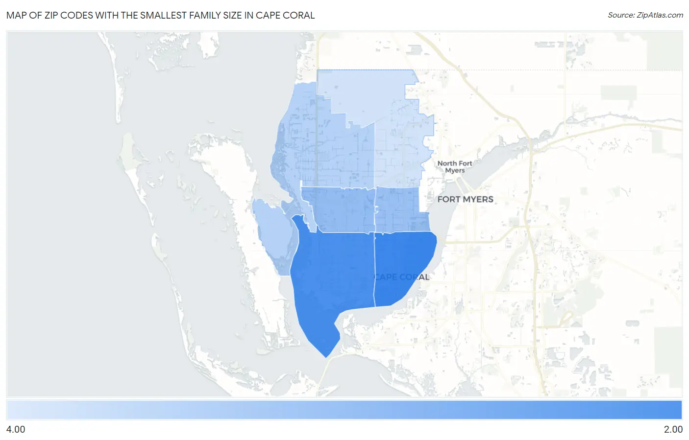 Zip Codes with the Smallest Family Size in Cape Coral Map