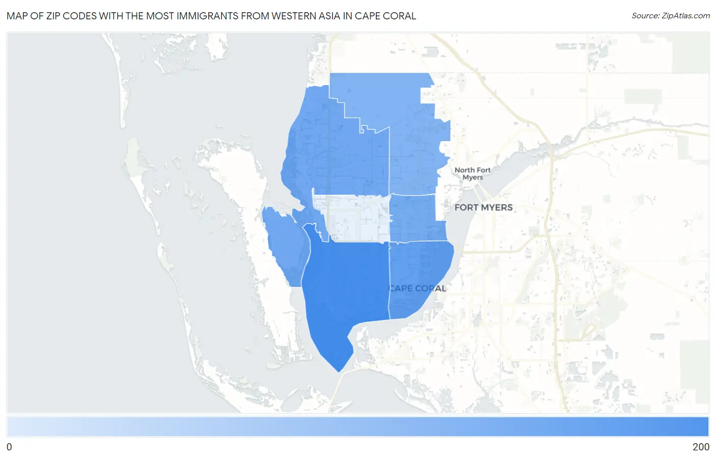 Zip Codes with the Most Immigrants from Western Asia in Cape Coral Map