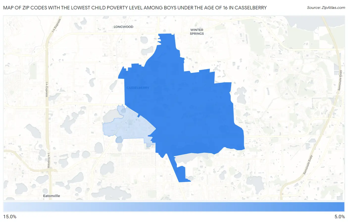 Zip Codes with the Lowest Child Poverty Level Among Boys Under the Age of 16 in Casselberry Map