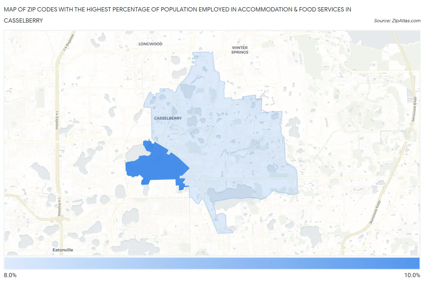 Zip Codes with the Highest Percentage of Population Employed in Accommodation & Food Services in Casselberry Map