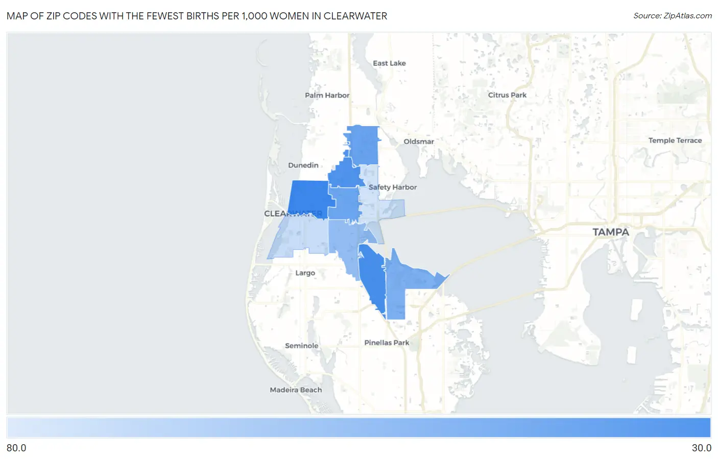 Zip Codes with the Fewest Births per 1,000 Women in Clearwater Map