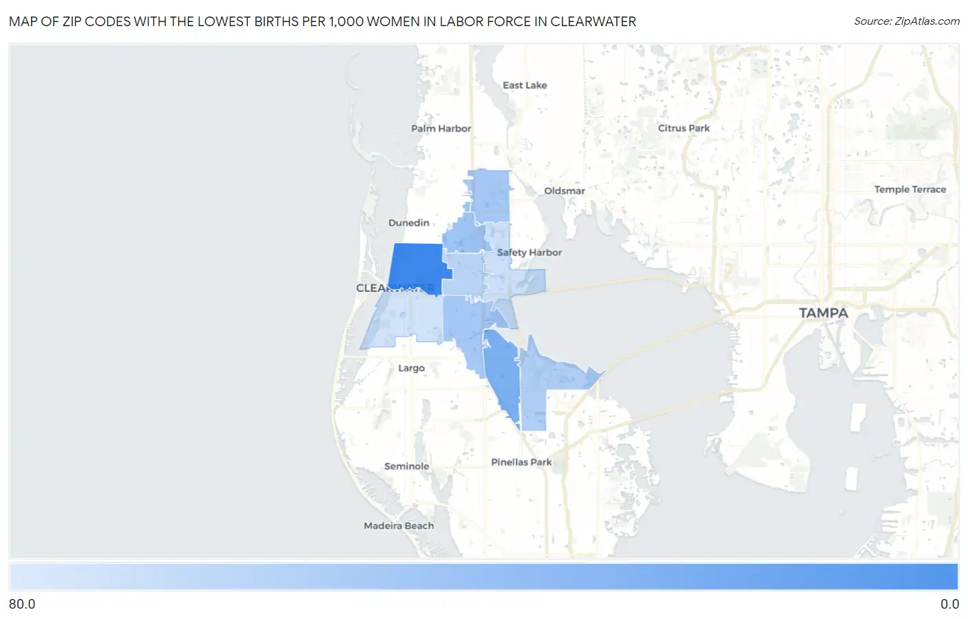 Zip Codes with the Lowest Births per 1,000 Women in Labor Force in Clearwater Map